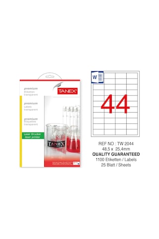 Tanex Tw-2044Ş 48.5X25.4 MM Şeffaf Lazer Etiket 1100'lü Tanex Tw-2044Ş 48.5X25.4 MM Şeffaf Lazer Etiket 1100'lü