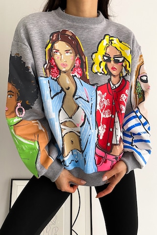 Femelle Kadın Gri 3 İplik Şardonlu Baskılı Oversize Pamuk Sweatshirt