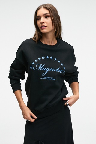 Grımelange VISTARA Kadın Nakış Detaylı Yuvarlak Yaka Regular Fit Siyah Sweatshirt