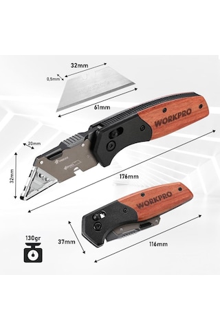 Workpro Wp211035 Ağır Hizmet Çelik/ahşap Gövde Katlanır Rötuş Maket Bıçağı + 11 Adet Yedek Bıçak