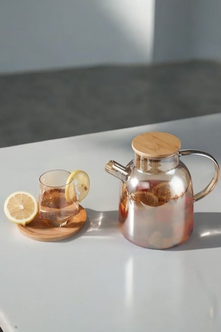 Morponi Lüks Borosilikat Cam Amber Bambu Kapaklı Bitki Çayı Demliği & Sürahi 1500 Ml Şeffaf