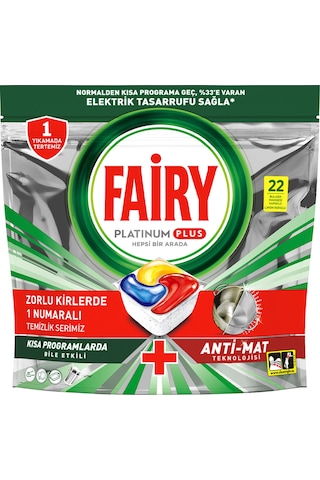 Fairy Platinum Plus Limon Kokulu 22 Yıkama Bulaşık Makinesi Deterjanı Tableti - Kapsülü