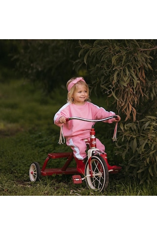 Antebies Organik Pembe Beyaz Beli Lastikli Bağcıklı Manşetli Kız Bebek Sweatshirt Eşofman Takımı