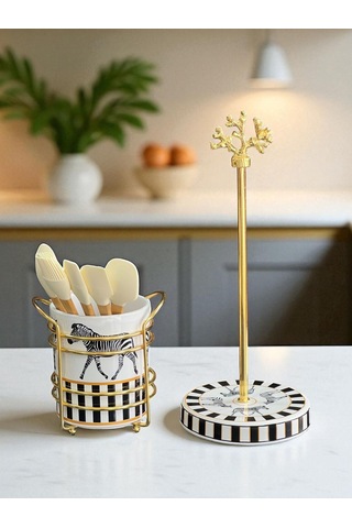 Kaşıklık - Kağıt Havluluk 2 Li Set Zebra At Desen Gold Siyah