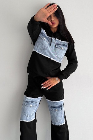 Femelle Denim Kot Garnili Cep Detaylı Kapüşonlu Alt-üst Takım siyah