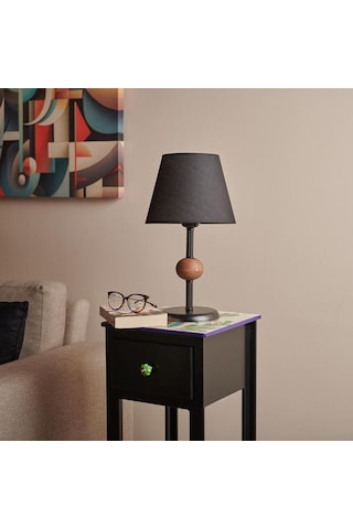 Safir Light Ahşap Detaylı Metal Abajur - Siyah - 43x25x25 Cm Siyah