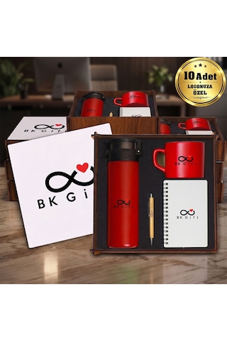 Logonuza Özel 10 Adet Ahşap Kutulu Kırmızı Kurumsal Hediye Seti Cam Suluk, Seramik Fincan, Defter Ve Kalemli Promosyon Seti