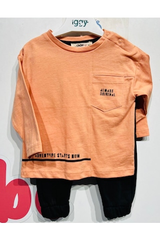 Erkek Bebek 2li Takım Ön Cep Detaylı Sweatshirt Beli Lastikli Eşofman Altı Siyah - Turuncu