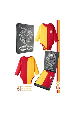 Galatasaray Lisanslı Uzun Kol Bebek Body Zıbın Kişiye Özel Hediyelik Ahşap Kutulu 036 Kırmızı