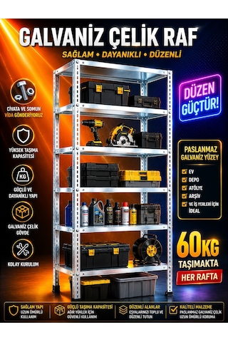 Çelik Raf 6 Katlı 31x75x200 Raf Sistemleri, Depo Rafı, Arşiv Rafı, Kiler Rafı, Çok Amaçlı Raf Galvaniz