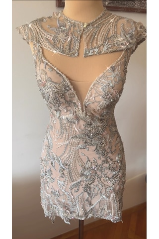 Chica Rosa Fashion Pelerinli Kristal İşlemeli Askılı Mini Elbise Gri - Mavi