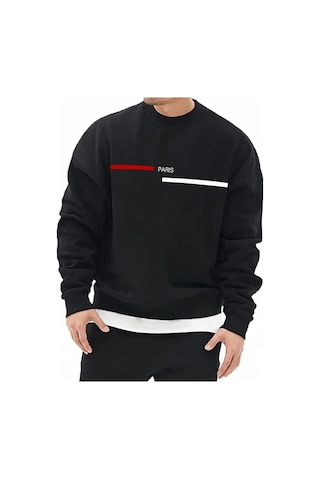 Unisex Oversize Paris Çizgi Baskı Bisiklet Yaka Siyah Sweatshirt Siyah