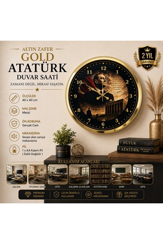 Altın Zafer Gold 40 X 40 Cm Metal Atatürk Duvar Saati