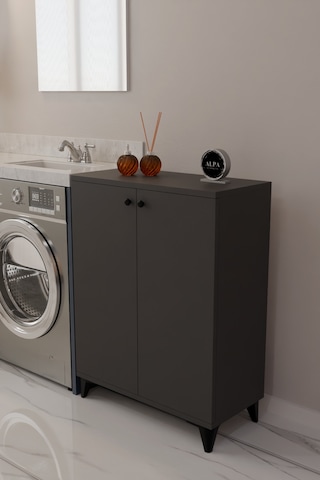 Çok Amaçlı Banyo & Çamaşır Odası Dolabı, Ayarlanabilir Raflı, Kapaklı Modern Banyo Dolabı Antrasit