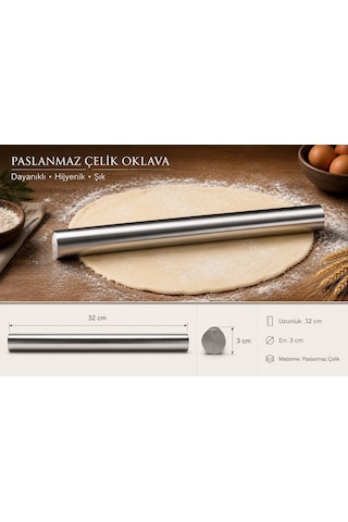 Morponi Paslanmaz Çelik 32 Cm Kalın Hamur Açma Oklava Masterchef