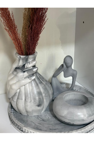 Dekoratif Sunum Tabağında 3 Lü Set Büyük Boy Vazo ,mumluk Ve İnsan Figürü Gri
