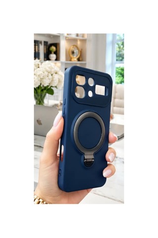 İnfinix Note 60 İle Uyumlu 360 Derece Dönebilen Kalın Metal Magsafe Halka Stantlı İçi Kadife Korumalı Ultra Lüx Premium Silikon Kılıf Lacivert