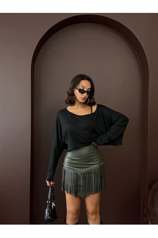 Verymoda Western Tarz Püsküllü Mini Deri Etek F2041 Haki
