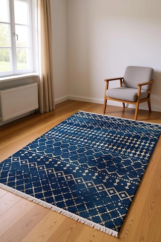 Orion İndigo Mavi Geometrik Desenli Püsküllü Modern Halı Mavi