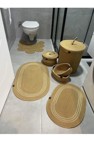 Banyo Takımı Çamaşır Sepeti Banyo Organizer Sepet Paspas Klozet Önü Paspas 7 Li Banyo Seti Kahverengi