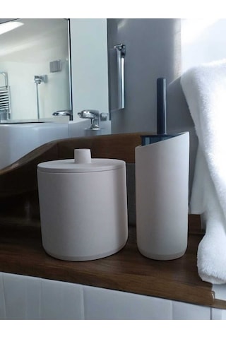 Kırık Beyaz Beton Çöp Kovası Ve Tuvalet Fırçalık, Dekorasyon,aksesuar Beyaz