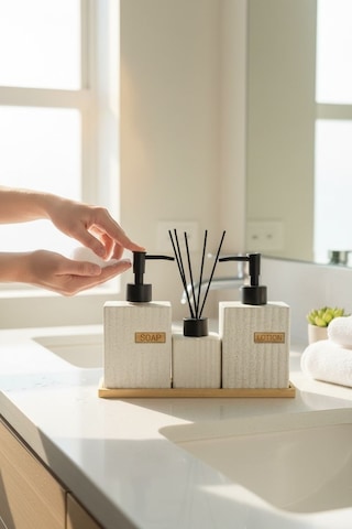 Bounies Banyo Seti Takımı - Sıvı Sabunluk Seti Bambu Altlıklı 4 Parça Bej Siyah