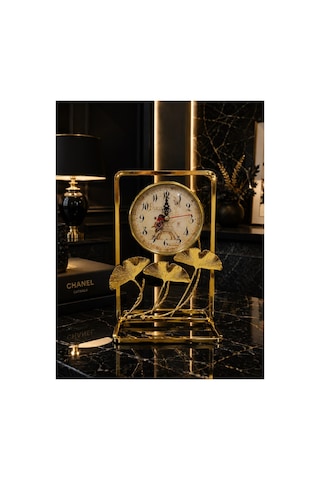 Gold Metal Çerçeveli Paris Manzaralı Ginkgo Yapraklı Dekoratif Masa Üstü Saat Ve Biblo 24x16 Cm Saat Seçeneği-Saatli
