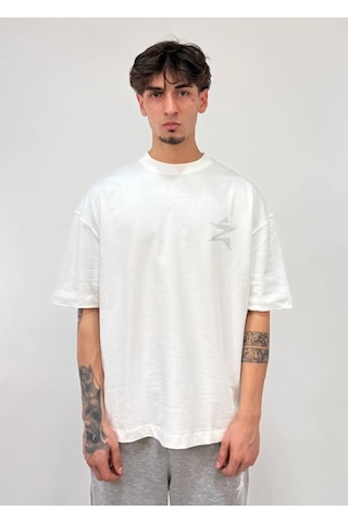 Zaee Star Taşlı Oversize Premium Tişört Beyaz