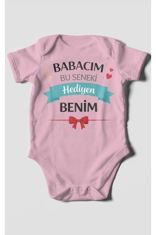 Morivokids Babacım Bu Seneki Hediyen Benim Kısa Kollu Bebek Body %100 Pamuk Koyu Pembe