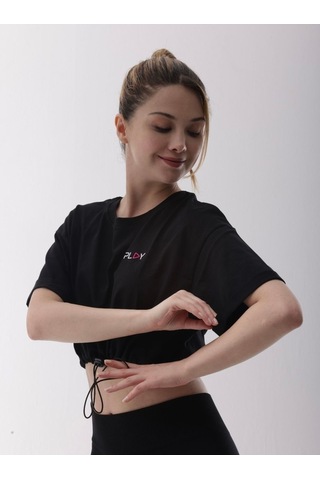 Crop Siyah Kısa Belden Lastikli Tişört SIYAH