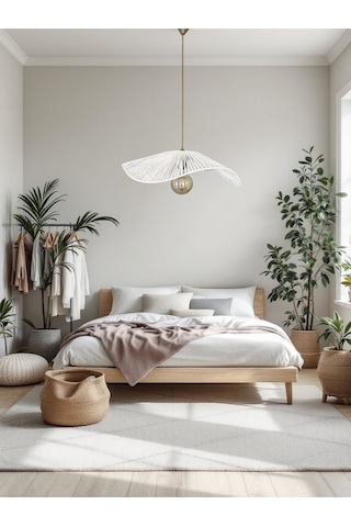 Hasır El Yapımı Bohem Asimetrik Şekilli Rustik Avize - Beyaz Beyaz