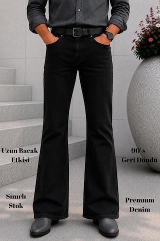 Cedy Denim Cedy Denım Premium Seri: Erkek Retro Flare Bootcut Jean - Geniş Paça Taşlanmış Denim Pantolon C370 Siyah