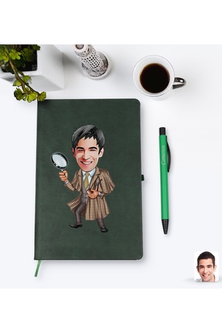 Kişiye Özel Müfettiş Karikatürlü Yeşil Termo Deri Defter Kalem Se