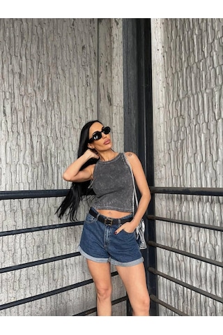 Esiilamoda Kadın Gri Yıkamalı Crop