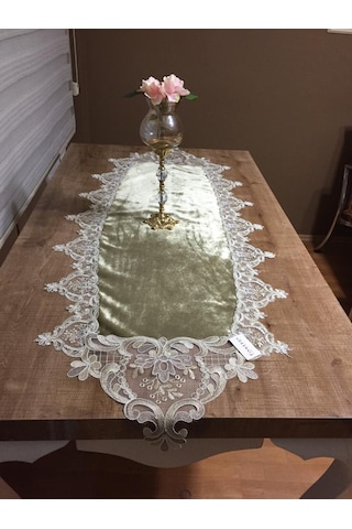 Gelin Çeyiz Yeşil Kadife Dantelli Runner