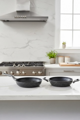 2 Parça 22 Cm Bio Granit Sahan Ve Tava Seti Yanmaz Yapışmaz, Sağlıklı Ve Dayanıklı Kullanım Gri