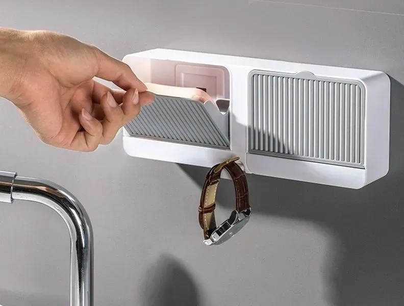 Konesam Duvar Montlu Sabunluk, Beyaz, İki Bölmeli, Deliksiz, Otomatik Sulama Çıkaran, Plastik, Banyo Ve Mutfak Uygun Beyaz