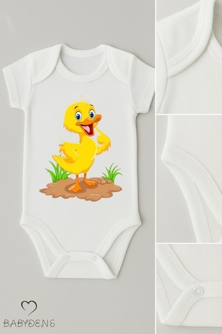Babyden's %100 Pamuklu Sevimli Hayvan Figürlü Bebek Body Unisex Çıtçıtlı Kısa Kollu Zıbın Ördek Beyaz