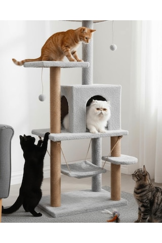 Pet Y01 Salıncaklı Yuvalı Lüx Kedi Tırmalama Oyun Evi Gri
