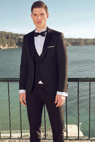 Morven Erkek Siyah Poliviskon Ceramonia Düz Desen Slim Fit Sivri Çıkma Yaka Damatlık Siyah