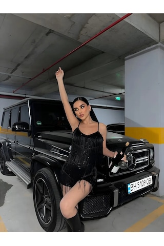Toula Payet Saçaklı Tulum Elbise Siyah
