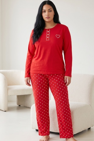Siyah İnci Nakışlı Pamuklu Likralı Büyük Beden Battal Boy Örme Pijama Takım 26240885 Kırmızı