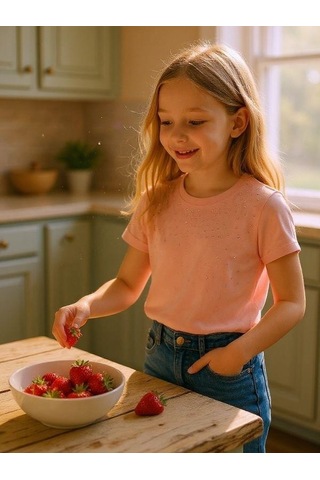 Zekids Kız Çocuk Taş İşlemeli Pamuklu T-shirt-16310 Pudra
