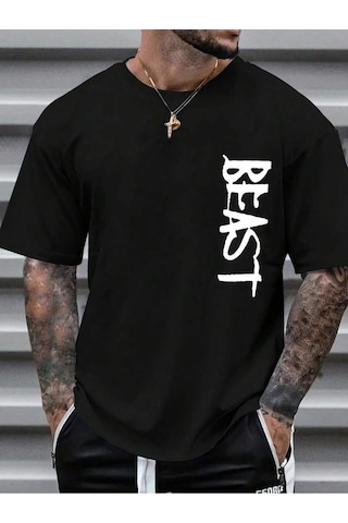 Beast T-shirt - Siyah Baskılı Oversize Bisiklet Yaka Kısa Kol Tişört Siyah