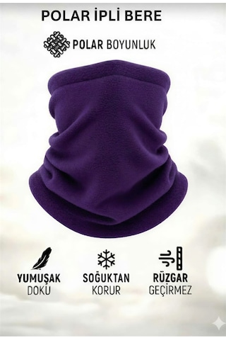 Qulothes Extrakalın Termal Polar Soğuk Geçirmez Bere & Boyunluk Unisex Pamuklu Kışlık Ayarlanabilir İpli Bere Lila