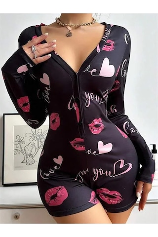 Go İthalat Kadın Şık Tasarım Pamuklu Kırmızı Öpücük Ve Desenli Düğmeli Uzun Kol Tulum Pijama Siyah