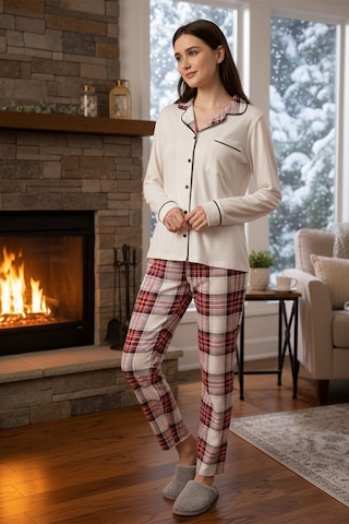 Remsa Kadın Ekose Desenli Önü Düğmeli Yumuşak Milan Kumaş Pijama Takımı 250367 Bej01 Bej