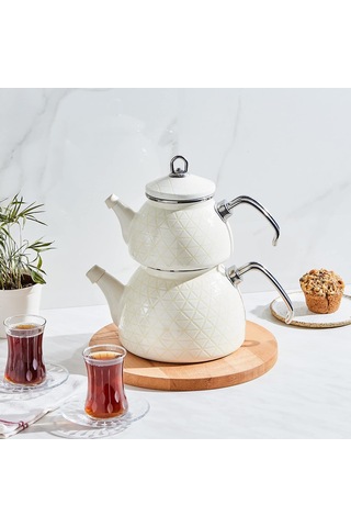 Kristal Krem Emaye Çaydanlık Takımı Çelik