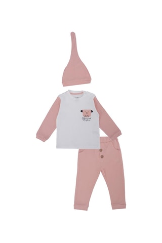 Bebelop Unisex Bebek Raporlu Hayvan Nakışlı Şapkalı 2'li Alt Üst Takım 001
