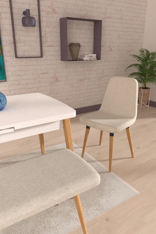 Vilinze Tosya Sandalye Tosya Bank Avanos Ahşap Mdf Açılır Mutfak Masası Takımı - 70x120+30 Cm Krem